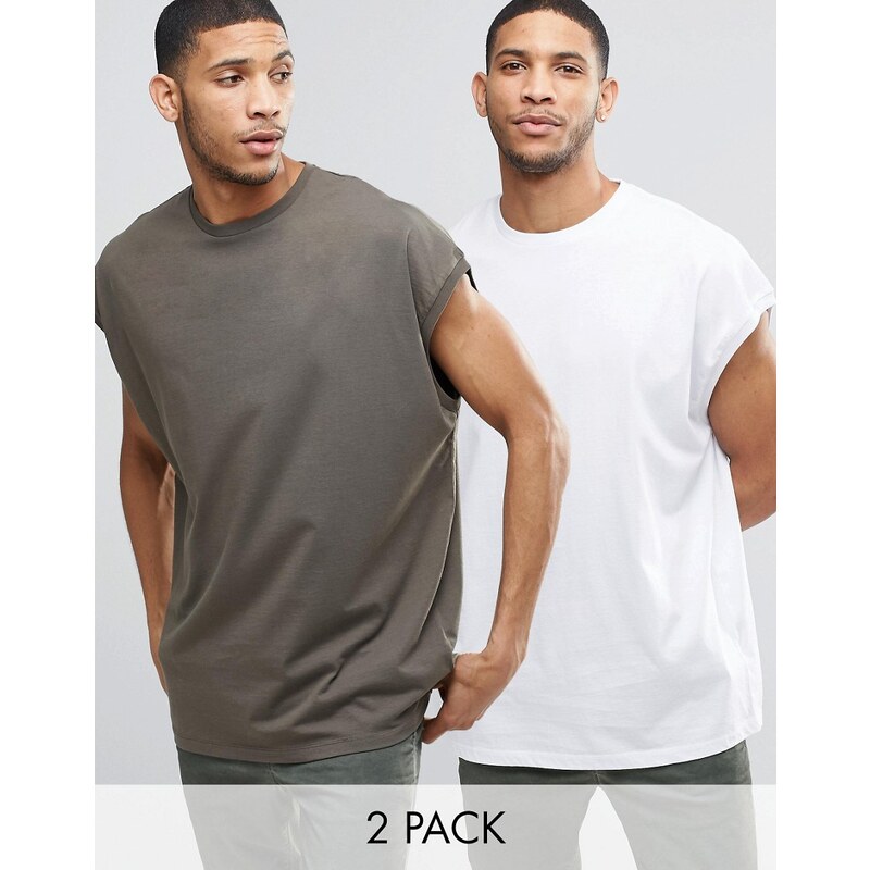 ASOS - Lot de 2 t-shirts super oversize sans manches - - Kaki/blanc - Multi