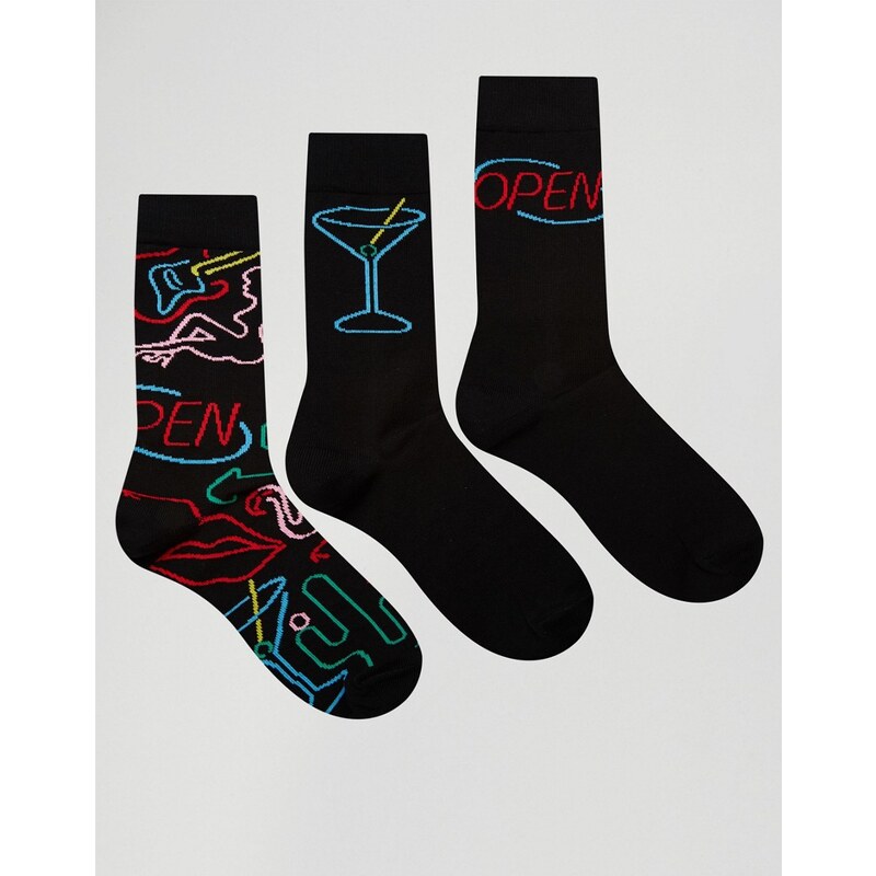 ASOS - Lot de 3 paires de chaussettes motif fluo - Noir