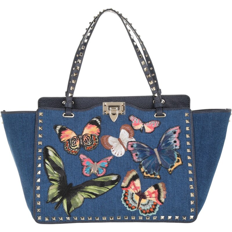 Valentino Sacs à Bandoulière, Rockstud Shopping Bag Embroidered Butterfly Denim Blue en bleu, multicolore