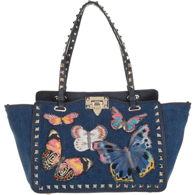 Valentino Sacs à Bandoulière, Rockstud Small Shopping Bag With Embroidered Butterfly Denim en bleu, multicolore