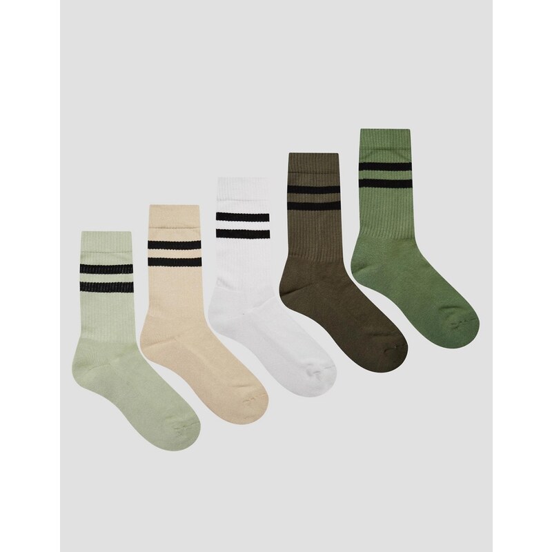 ASOS - Lot de 5 paires de chaussettes de sport - Kaki - Vert