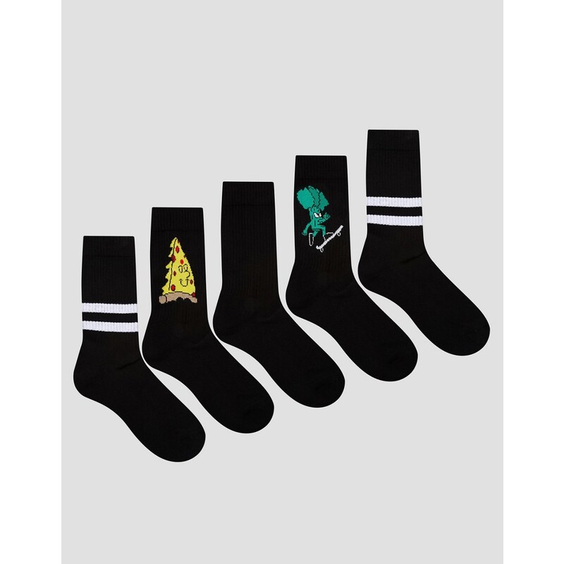 ASOS - Lot de 5 paires de chaussettes de sport motif pizza et brocolis - Noir