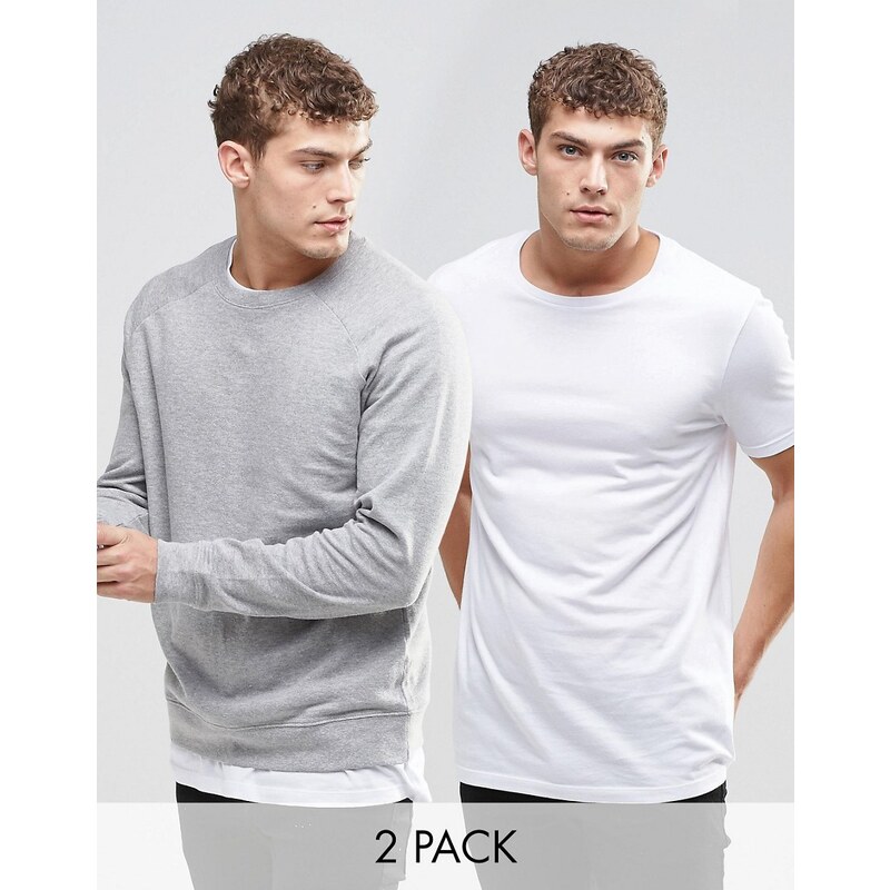 ASOS - Lot de 2 sweat/t-shirt long - Gris chiné/blanc - Multi