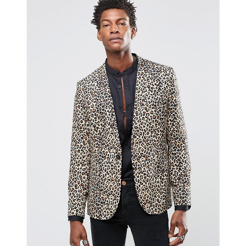 Religion - Veste de costume skinny en rayonne à imprimé léopard - Fauve