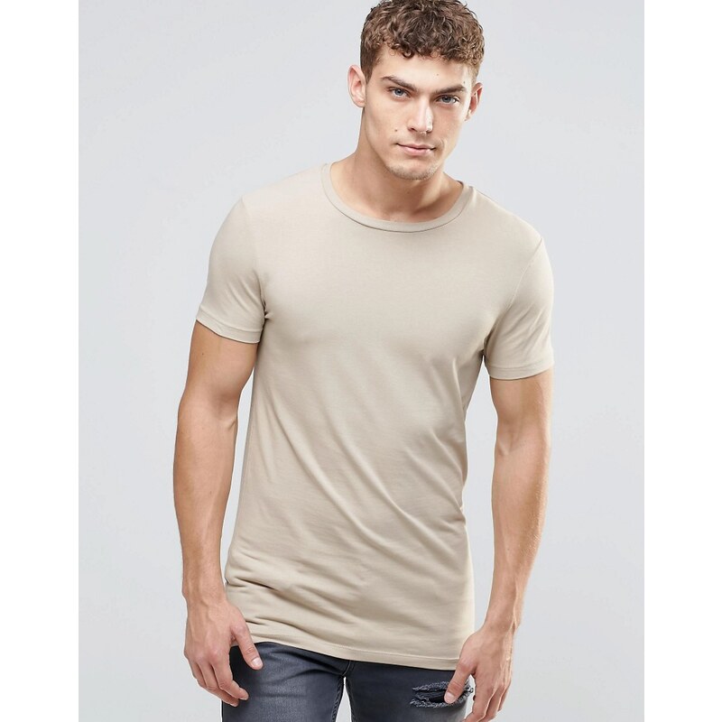 ASOS - T-shirt long et moulant avec logo - Beige