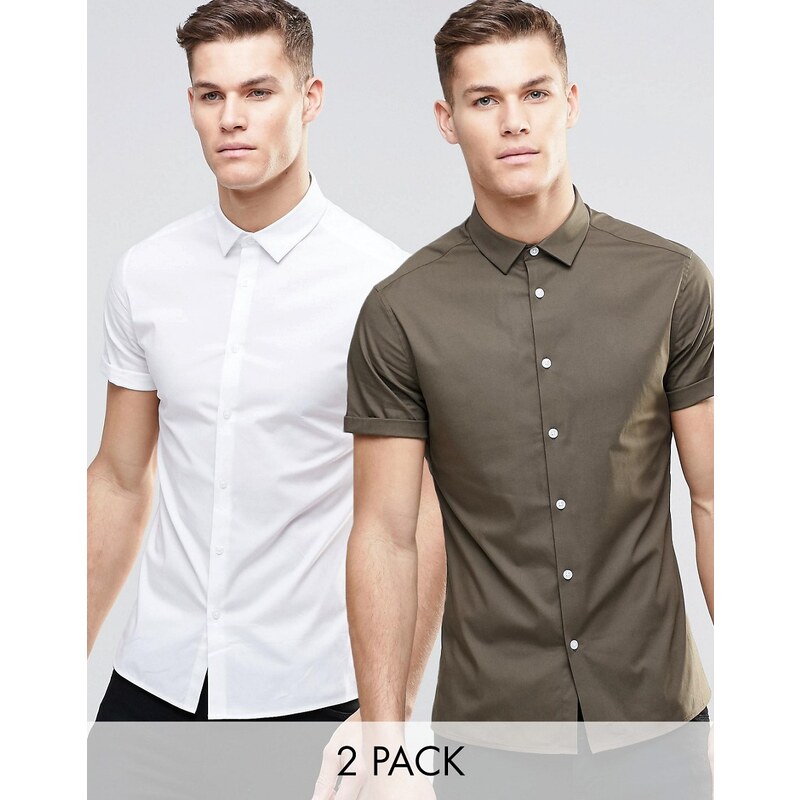 ASOS - Lot de 2 chemises cintrées - Blanc et kaki - Multi