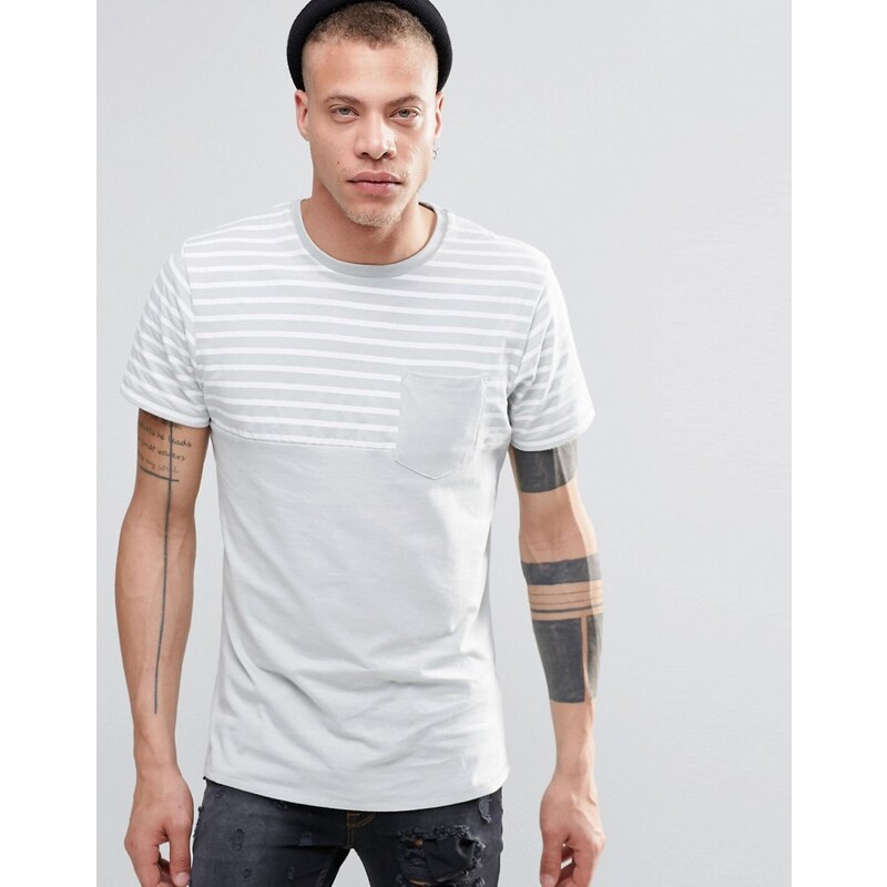 Threadbare - T-shirt à empiècement rayé avec poche sur le devant - Gris