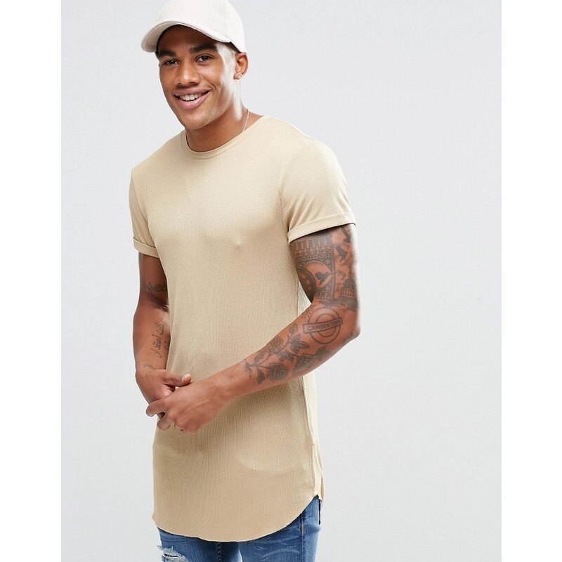 ASOS - T-shirt moulant côtelé ultra long à manches retroussées et ourlet arrondi - Camel - Beige