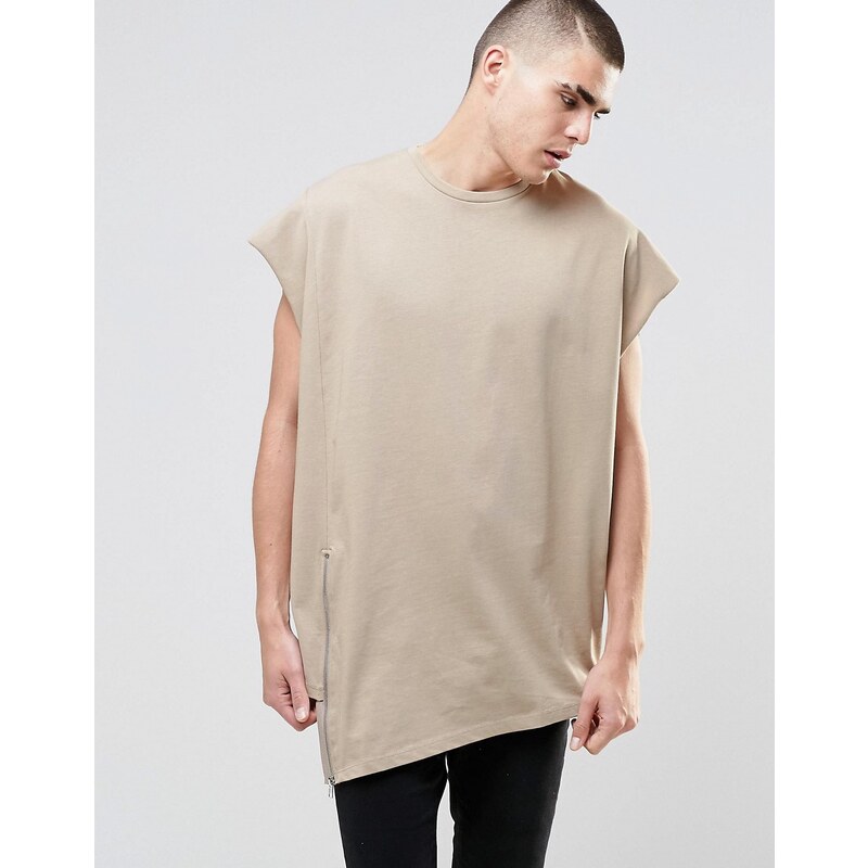 ASOS - T-shirt super oversize dense sans manche avec fermeture éclair asymétrique - Taupe - Beige
