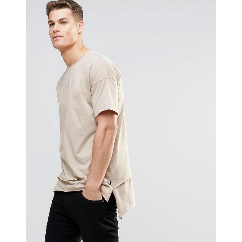 ASOS - T-shirt oversize effet délavé à ourlet plongeant - Beige - Beige