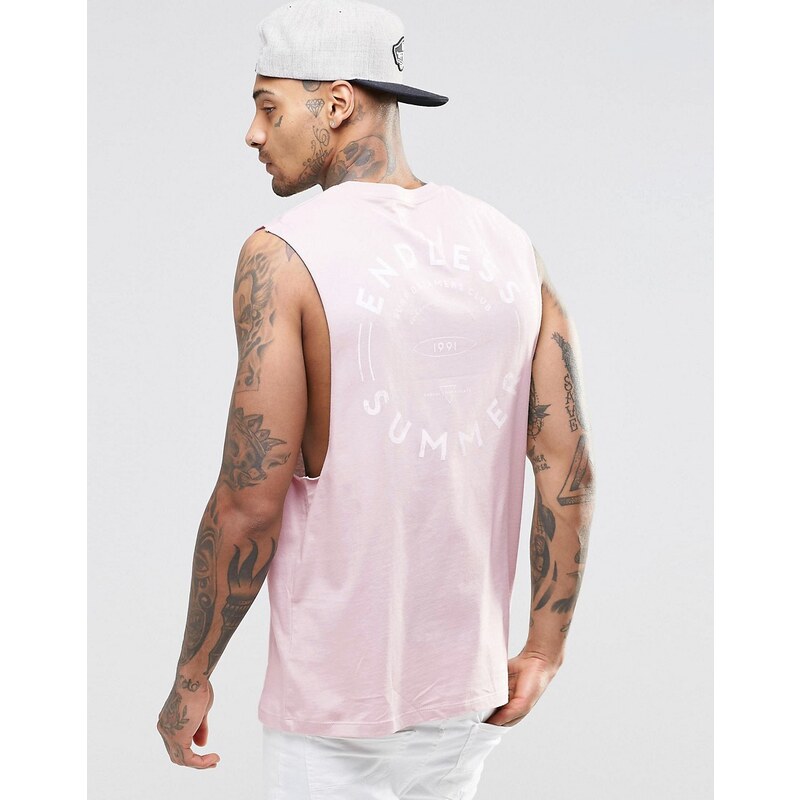 ASOS - T-shirt sans manches avec imprimé au dos et emmanchures tombantes - Rose