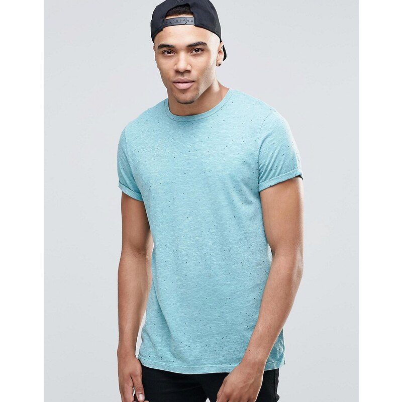 ASOS - T-shirt aspect moucheté avec manches à revers - Bleu chiné - Gris