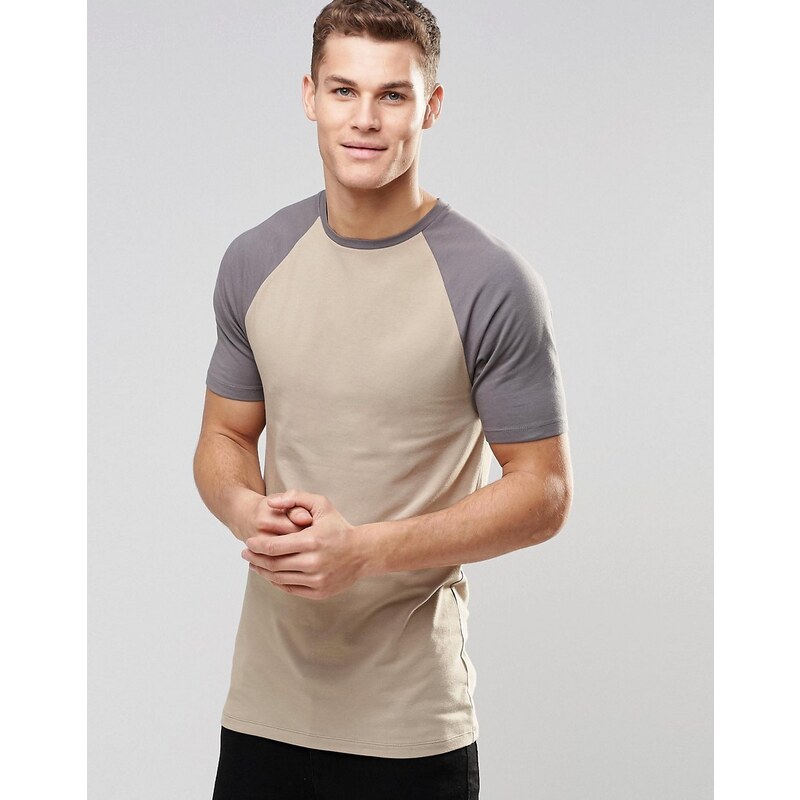 ASOS - Long t-shirt moulant avec manches raglan contrastantes - Beige/gris - Beige