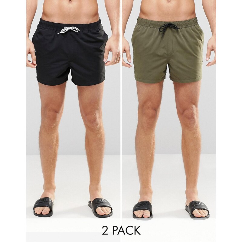 ASOS - Lot de 2 shorts de bain coupe courte - Kaki/noir - Multi