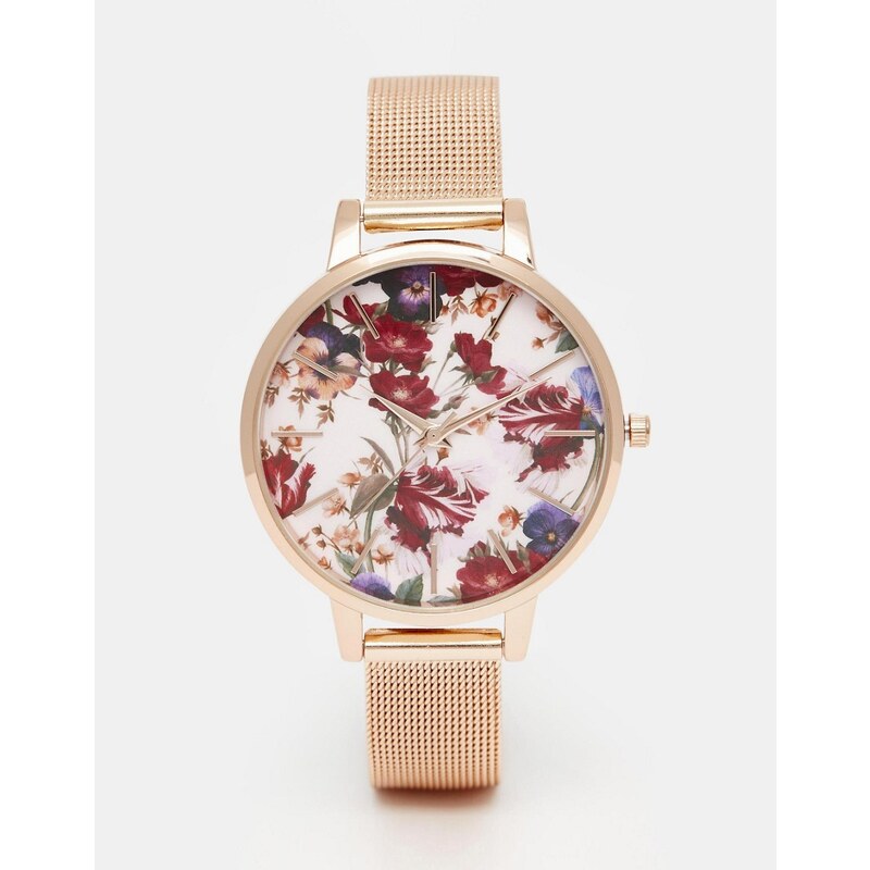 ASOS - Montre avec bracelet en maille et cadran à imprimé floral - Or rose - Multi