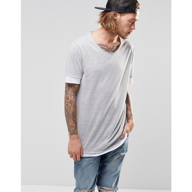 ASOS - T-shirt long effet lin à bordure contrastante - Blanc - Blanc