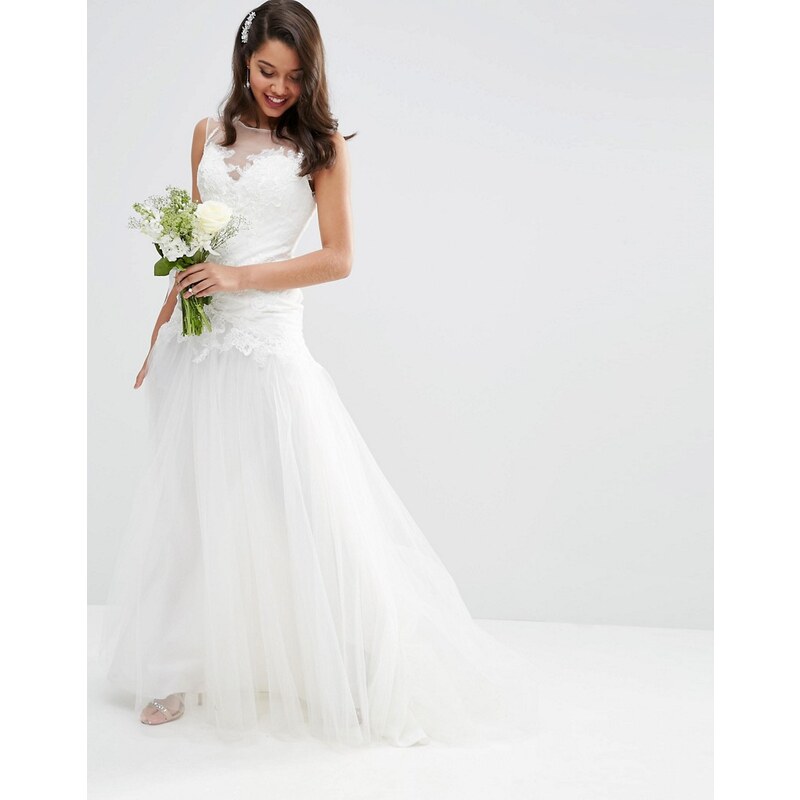 ASOS BRIDAL - Maxi robe avec jupe en tulle et corsage princesse en dentelle - Blanc