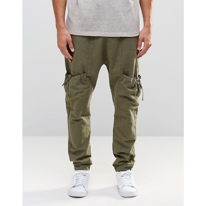 ASOS - Pantalon de jogging entrejambe bas en lin avec poches cargo - Kaki - Vert