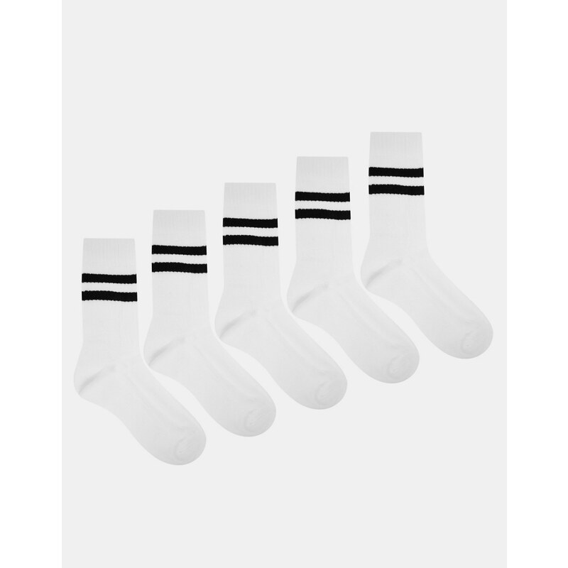 ASOS - Lot de 5 paires de chaussettes de sport avec rayures - Blanc