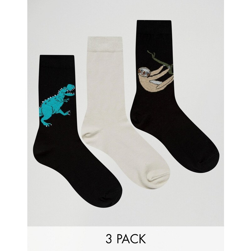 ASOS - Lot de 3 paires de chaussettes motifs dinosaure et paresseux - Multi