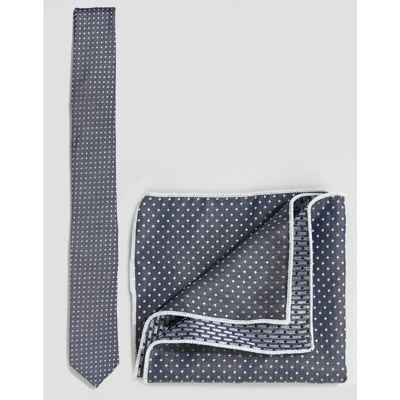 Minimum - Ensemble cravate et pochette à pois - Bleu