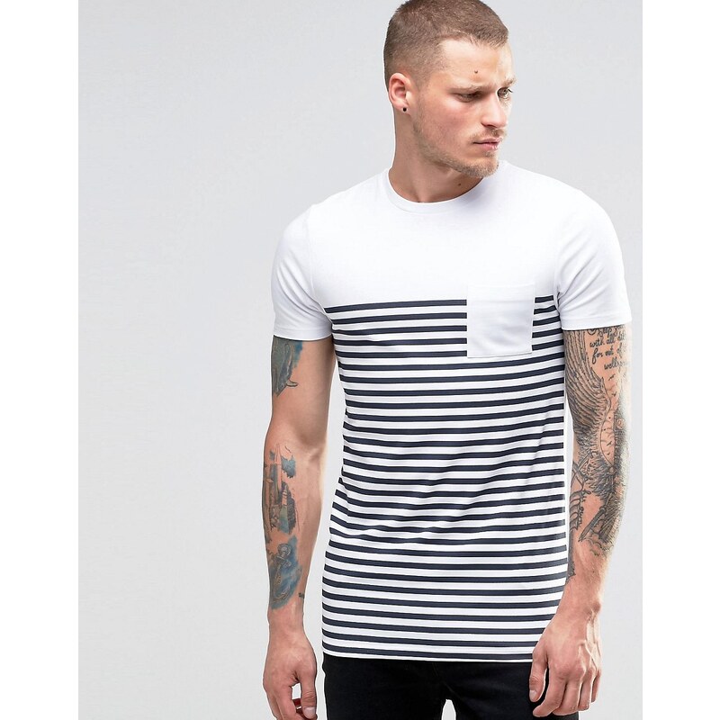ASOS - T-shirt long moulant à rayures - Blanc/bleu marine - Blanc