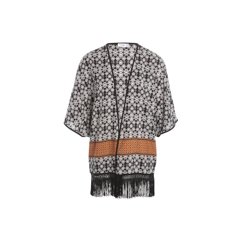 Kimono motif géométrique et franges Noir Polyester - Femme Taille 2 - Cache Cache