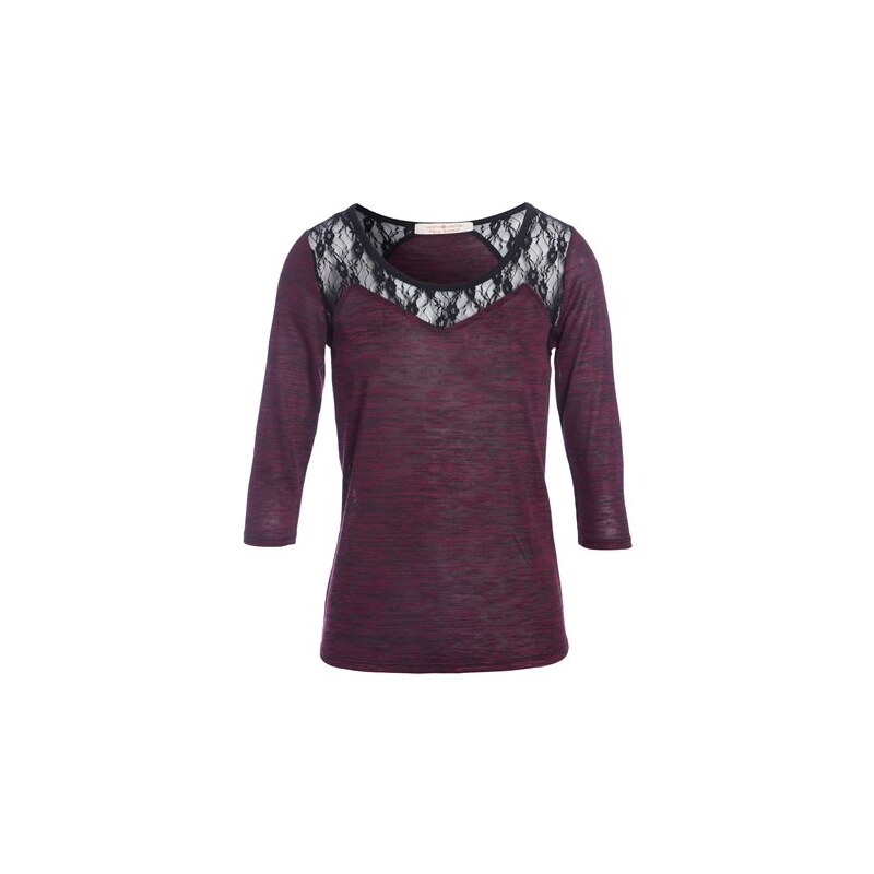 T-shirt manches 3/4, chiné et dentelle Violet Polyester - Femme Taille 0 - Cache Cache