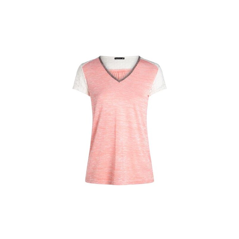 T-shirt bi matière dentelle dos Orange Polyester - Femme Taille 2 - Bréal