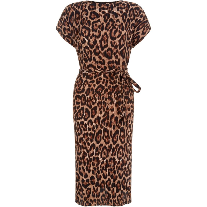 New Look Robe mi-longue marron à imprimé léopard et lien à la taille