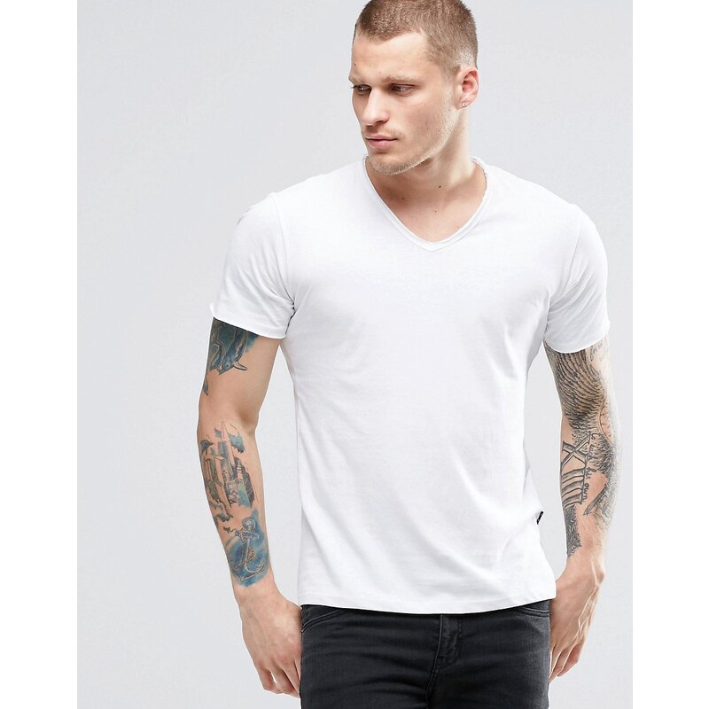 Replay - T-shirt col V à bord brut - Blanc - Blanc