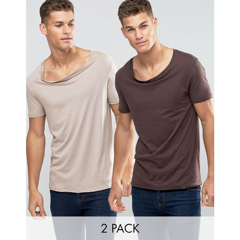 ASOS - Lot de 2 t-shirts longs à encolure stretch et ourlet plongeant - Beige/marron - Multi