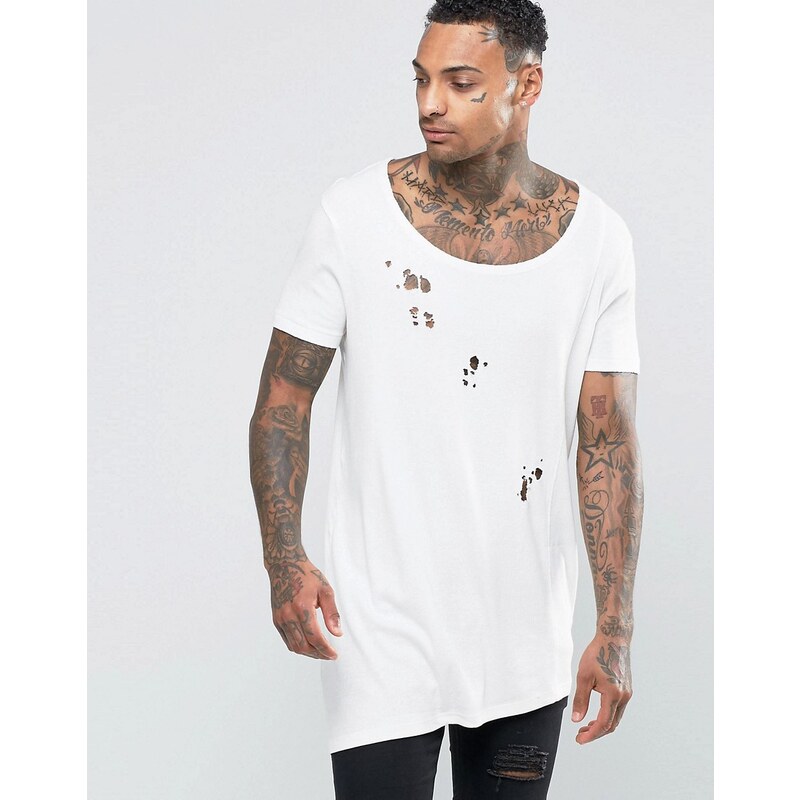 ASOS - T-shirt ultra long avec ourlet asymétrique en côtes et trous - Blanc