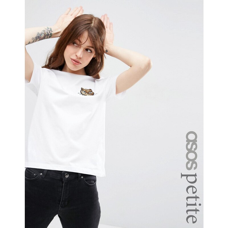 ASOS PETITE - T-shirt avec écusson chat à sequins - Blanc