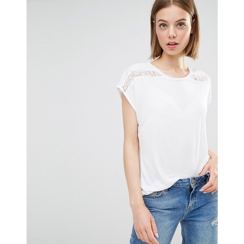 Warehouse - T-shirt tissé à empiècement en dentelle - Blanc