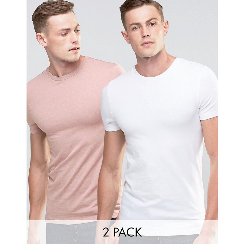 ASOS - Lot de 2 t-shirts ras de cou très moulants - - Blanc/rose - Multi