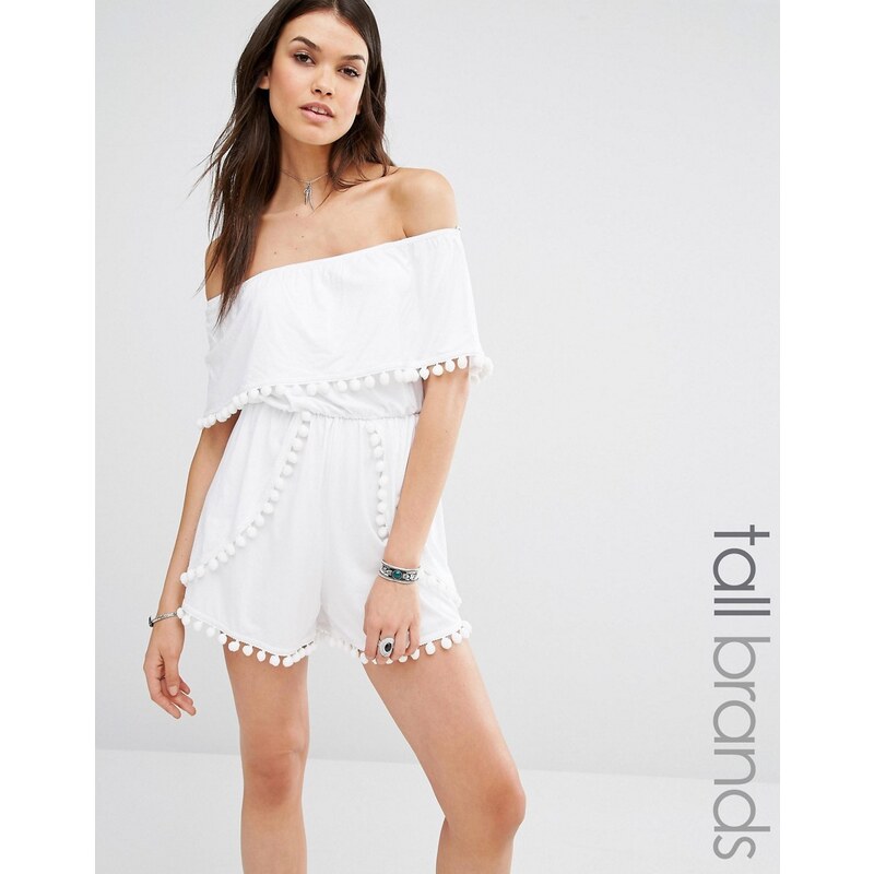 Missguided Tall - Combishort style Bardot orné de pompons - Blanc