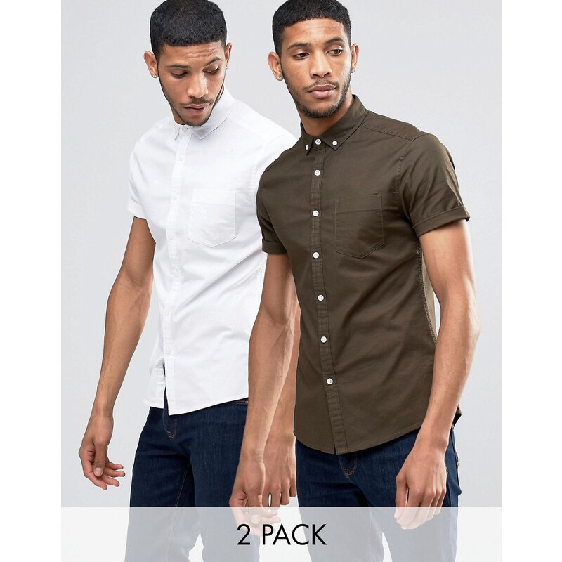 ASOS - Lot de 2 chemises Oxford cintrées à manches courtes - Blanc et kaki - Multi