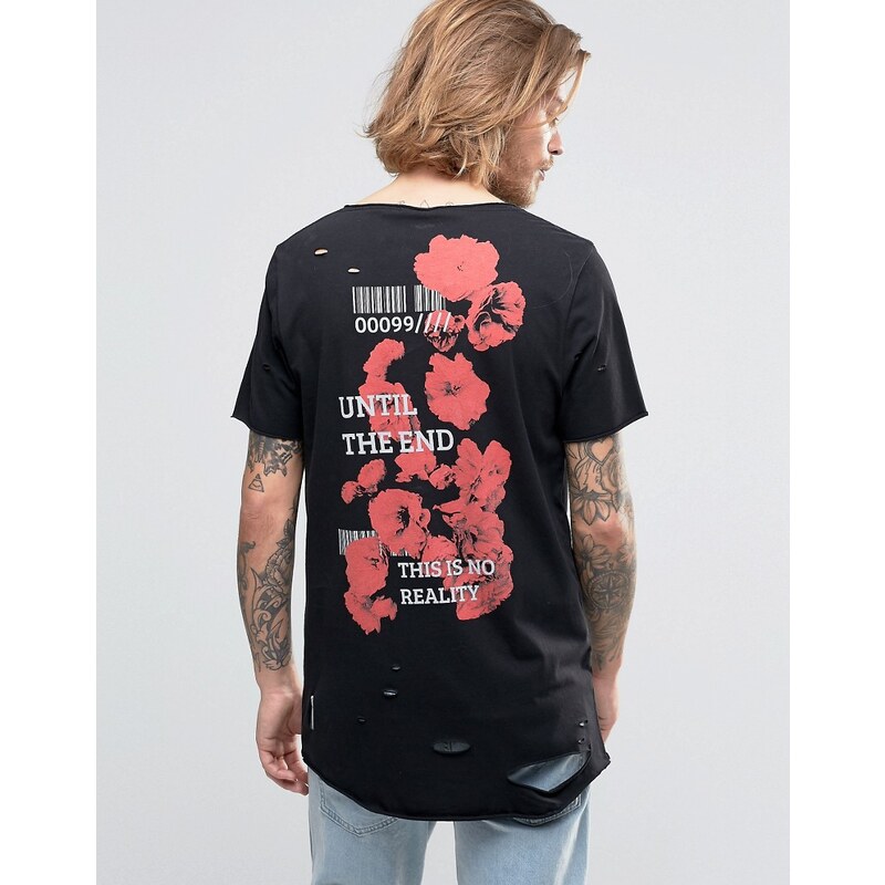 ASOS - T-shirt super long effet vieilli avec imprimé floral dans le dos - Noir
