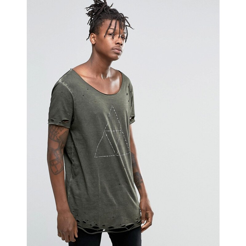 ASOS - T-shirt imprimé super long ultra vieilli - Vert - Vert