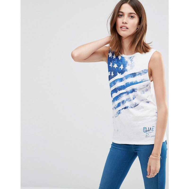 Pepe Jeans - Mai - T-shirt à imprimé drapeau américain - Blanc
