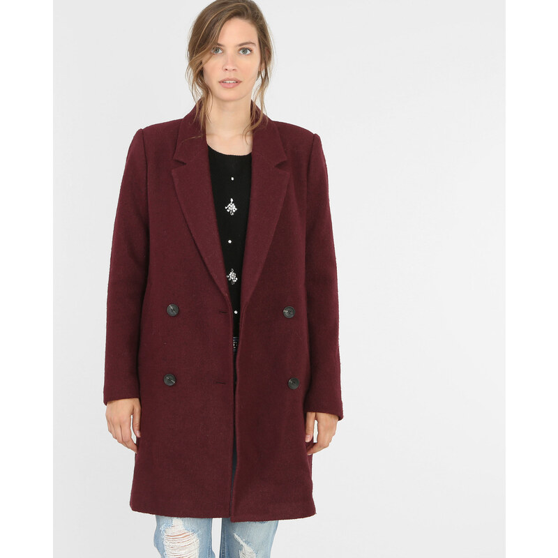 Manteau droit drap de laine -40% Femme - Couleur grenat - Taille 38 -PIMKIE- SOLDES HIVER 2017