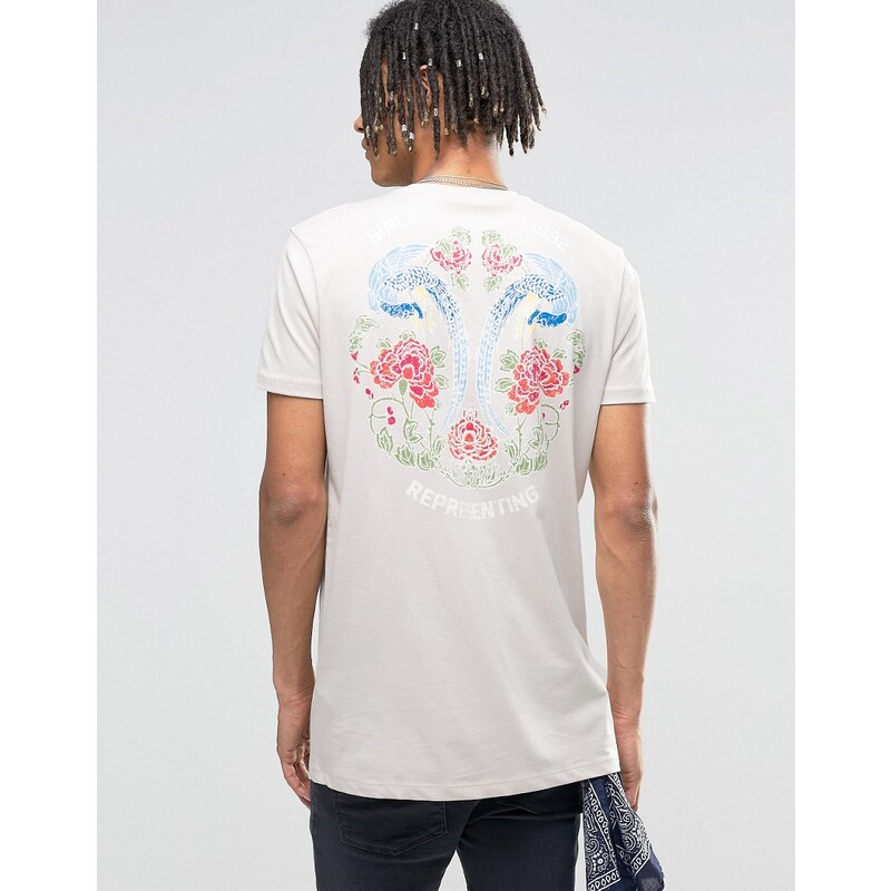 ASOS - T-shirt long avec imprimé floral style japonais au dos - Beige