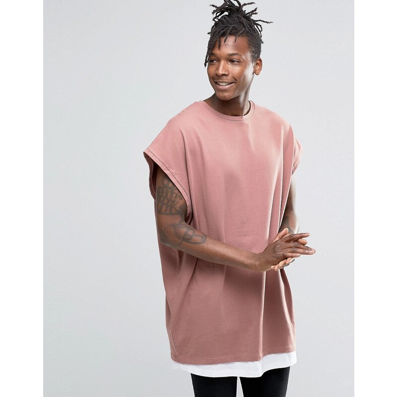 ASOS - T-Shirt super oversize sans manches en jersey lourd avec ourlet contrasté - Rose - Rose