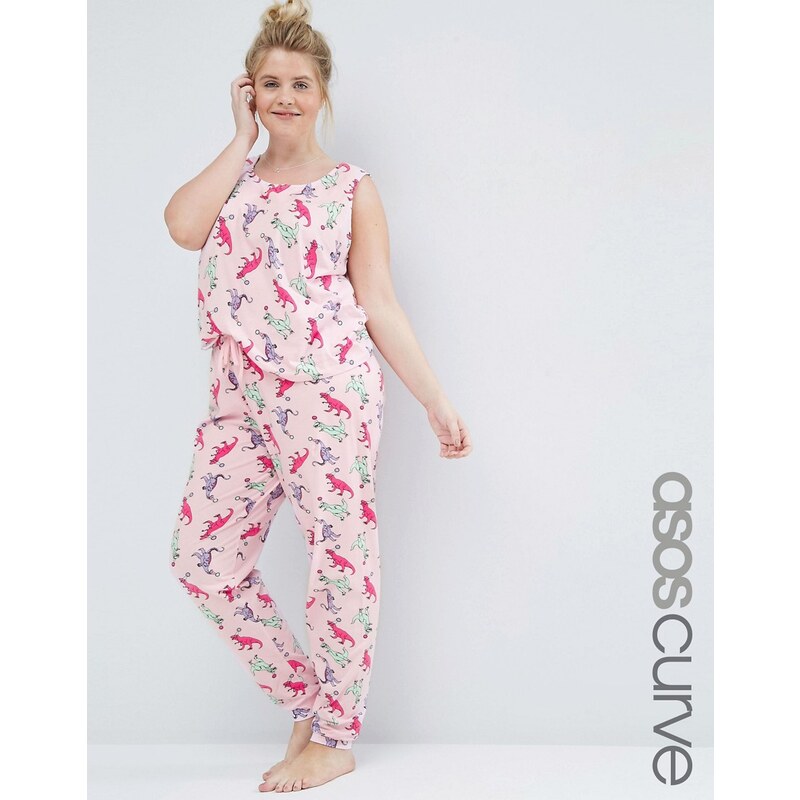 ASOS Curve - Ensemble débardeur et legging de pyjama avec imprimé dinosaure - Rose