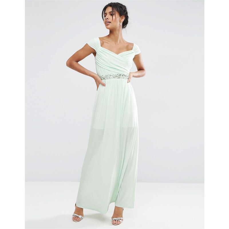 ASOS - Maxi robe douce style Bardot à taille ornementée - Vert