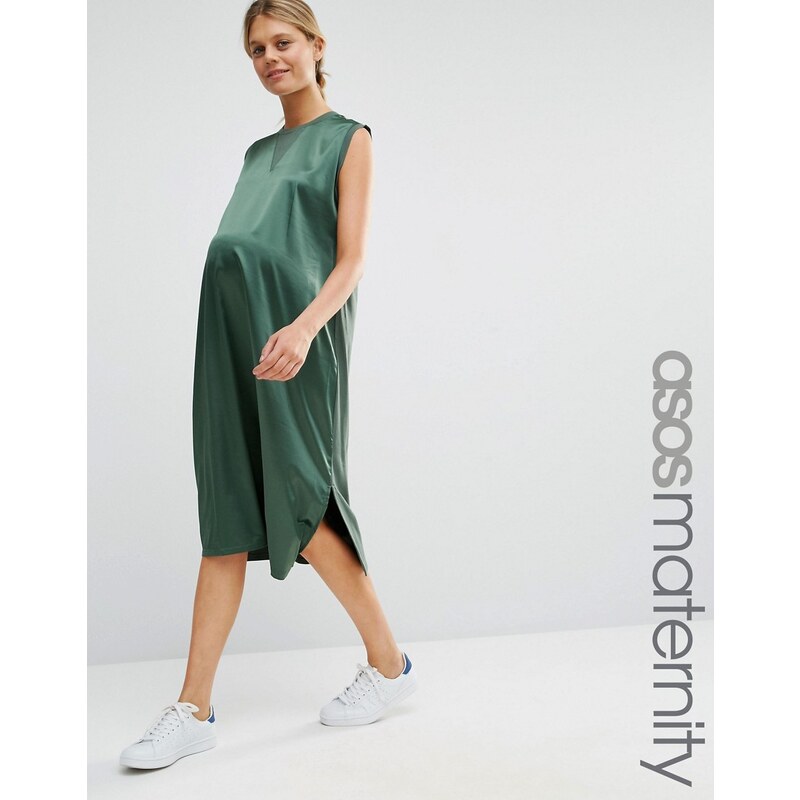 ASOS Maternity - Robe T-shirt mi-longue sans manches avec devant en satin - Vert