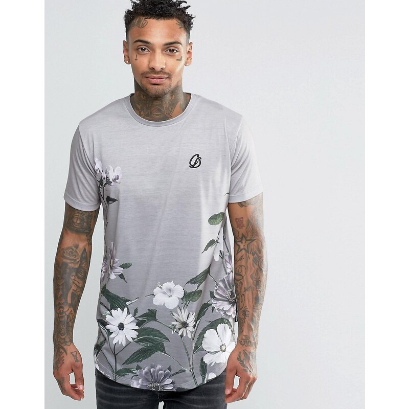 Criminal Damage - T-shirt à imprimé floral et ourlet incurvé - Gris