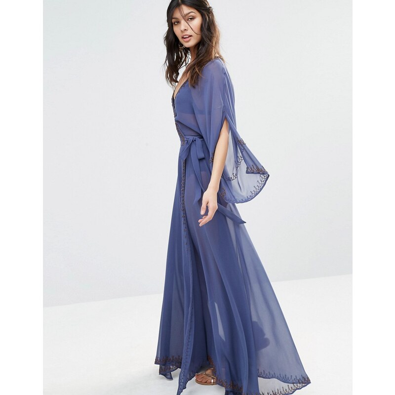 The Jetset Diaries - Las Perlas - Robe longue kimono ornementée en mousseline - Bleu
