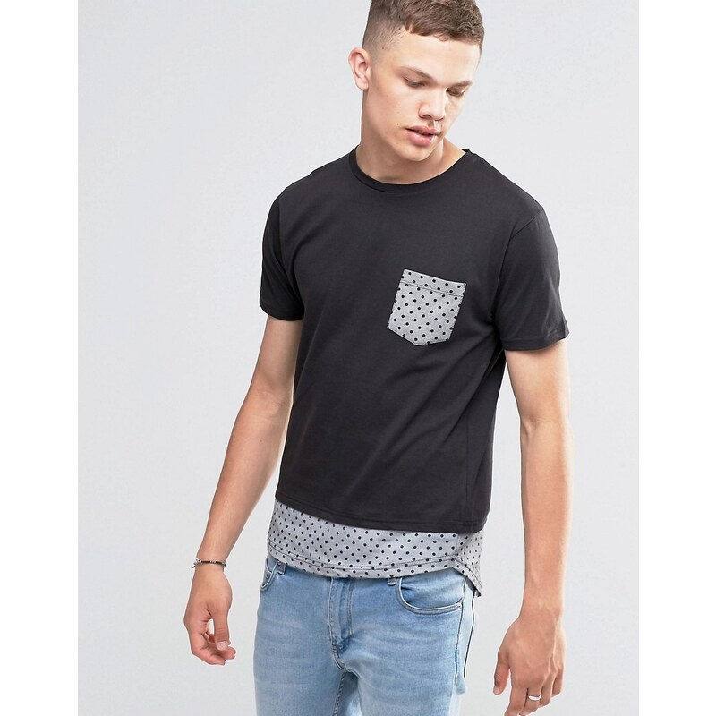 Brave Soul - T-shirt long avec poche à pois - Noir